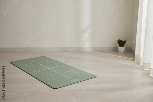 Meditation Mat on Floor in Peaceful Environment for Wellness, Mindfulness and Relaxation Concept. High-quality professional photograph featuring a meditation mat neatly placed on the floor in a calm 