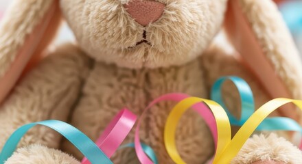 Close up of a fluffy brown teddy bear toy with colorful ribbons for celebration