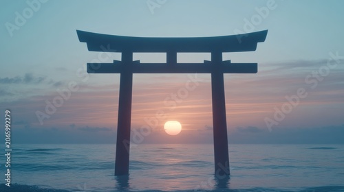 Silhouette of a torii gate at sunrise over the ocean.