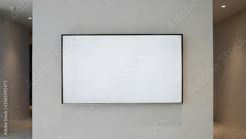 Large Flat Screen Television with Blank White Display for Advertising, Marketing and Digital Presentations. High-quality professional photograph featuring a modern large-screen television 