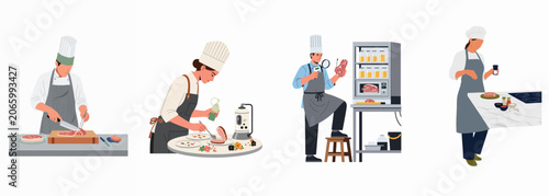 Cuadro en lienzo Set of professional chefs in uniforms preparing, cutting, inspecting, and plating high-quality meat dishes in a restaurant kitchen, flat vector illustration