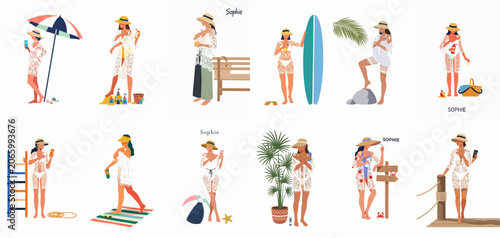 Photos A set of vector illustrations showing a woman applying sunscreen and enjoying various summer beach activities in stylish beachwear and sun hats