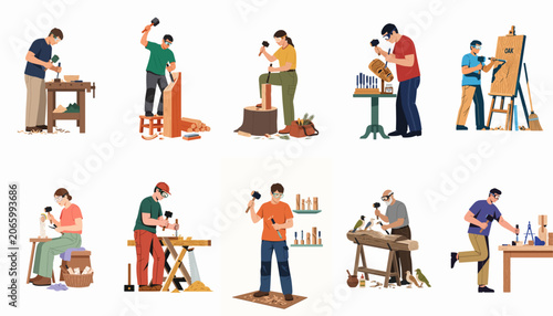 Schilderij op canvas Flat vector illustration of diverse woodworkers and artisans carving wooden figures, masks, and objects using chisels and mallets in various workshops
