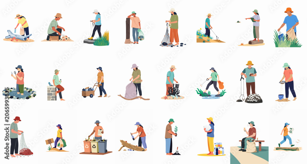 Fototapeta premium Large collection of flat vector characters participating in beach cleanup, plastic waste collection, and ocean conservation activities to protect the environment.