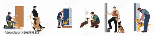Photos Collection of diverse service dog and handler training scenarios featuring police, search and rescue, and obedience exercises in flat vector style