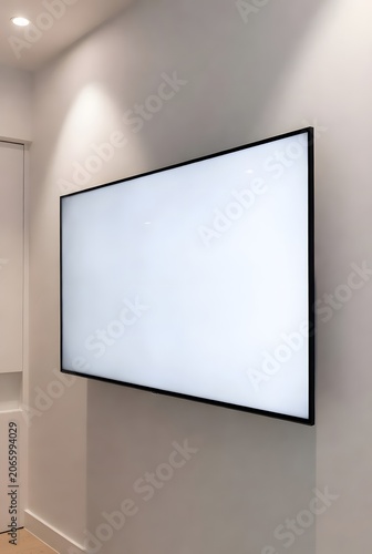 Large Flat Screen Television with Blank White Display for Advertising, Marketing and Digital Presentations. High-quality professional photograph featuring a modern large-screen television 