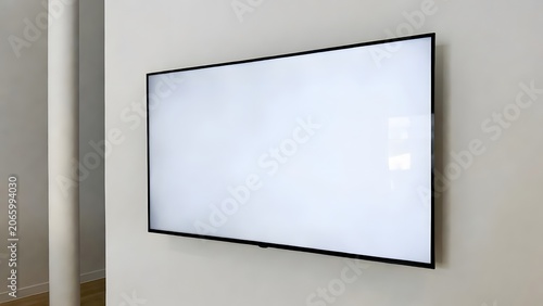 Large Flat Screen Television with Blank White Display for Advertising, Marketing and Digital Presentations. High-quality professional photograph featuring a modern large-screen television 