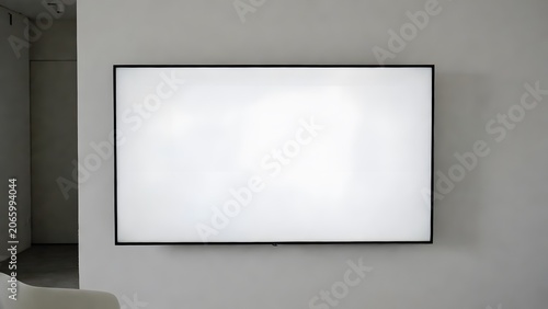 Large Flat Screen Television with Blank White Display for Advertising, Marketing and Digital Presentations. High-quality professional photograph featuring a modern large-screen television 