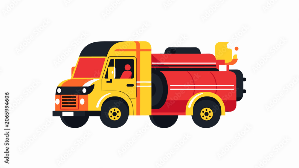 Naklejka premium Fire Truck: A stylized illustration of a bright red and yellow fire truck, ready for action with its siren and ladder details.