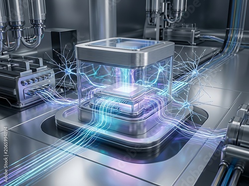 Microchip in a laboratory with glowing blue circuits and wires around it