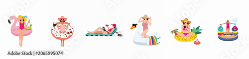 Tableau sur toile Collection of women in swimsuits and sun hats relaxing on various inflatable pool floats during summer vacation, flat vector illustration set