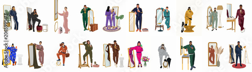 Bild auf Leinwand Diverse collection of fashionable men and women in colorful tracksuits taking mirror selfies, minimalist flat vector illustration style