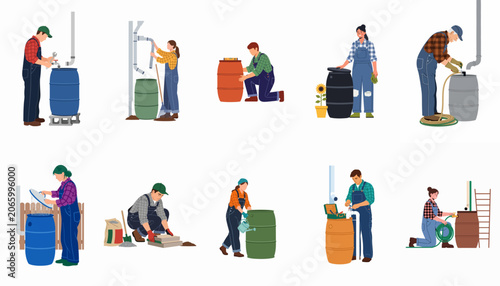 Bild auf Leinwand Set of flat illustrations showing people installing, maintaining, and using rain barrels for sustainable water collection and gardening