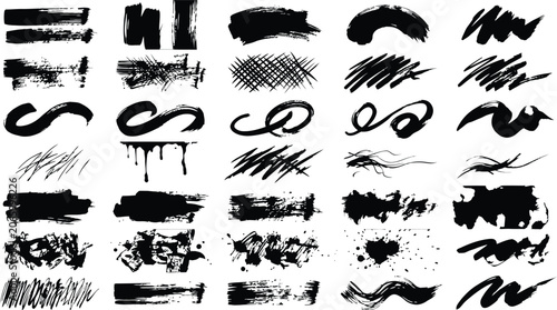Hand drawn brush strokes and splatters set black ink textures