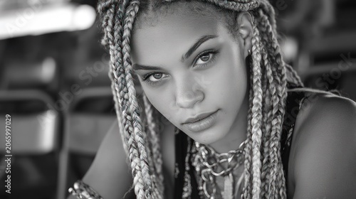 Close-up portrait of a woman with intricate braids.