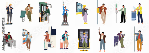 Set of flat vector illustrations featuring diverse people during their daily commute on public transport like buses and trains.