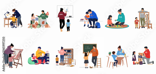 Set of vector illustrations showing parents and teachers helping children with math, homework, and various educational activities in a flat style.