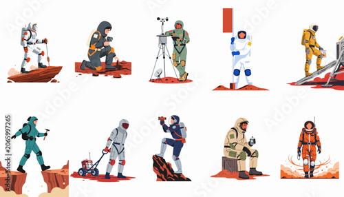 Foto Set of ten vector illustrations featuring astronauts in various poses and activities during a space mission on a red planet surface