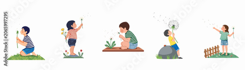Fotografie Set of five illustrations featuring young children playing and blowing dandelion seeds in various outdoor settings, emphasizing childhood innocence and joy