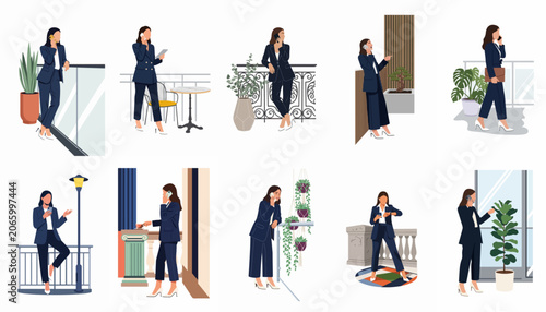 Tableau sur toile Set of flat illustrations featuring a professional businesswoman in a navy blue suit multitasking with technology in various modern office and balcony settings