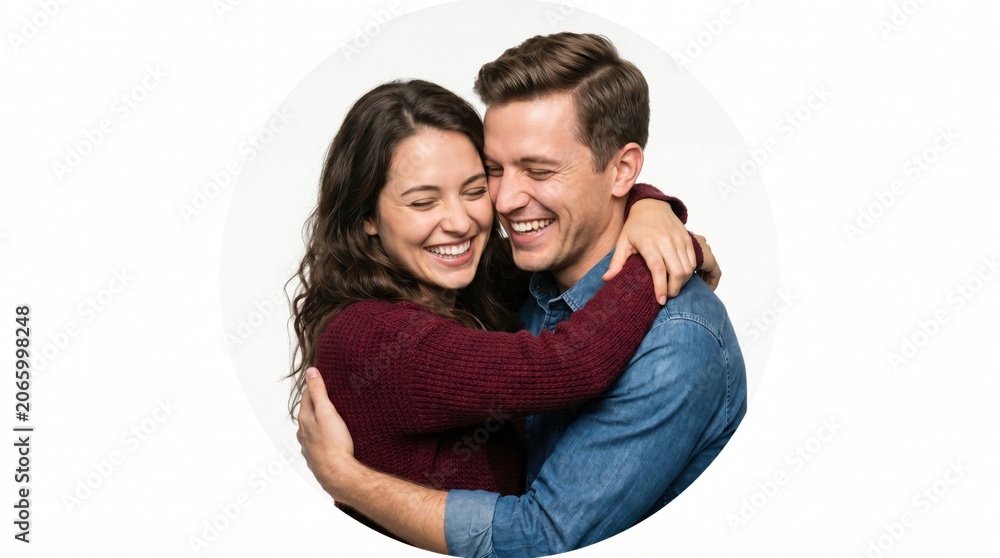 Fototapeta premium Happy young couple embracing with joy during a studio portrait session against a clean white background