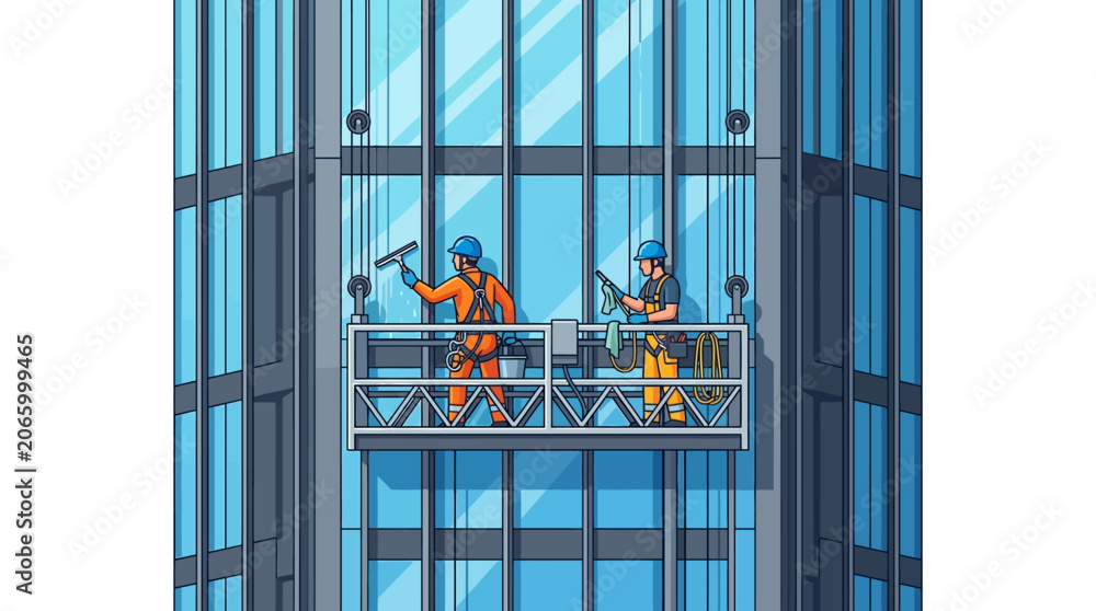 Obraz premium Professional Window Cleaners on Suspended Platform Cleaning Glass Skyscraper Facade Vector Illustration