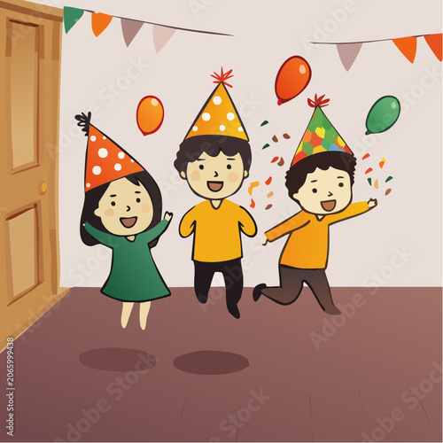 Three happy children celebrating a birthday party with confetti and balloons.