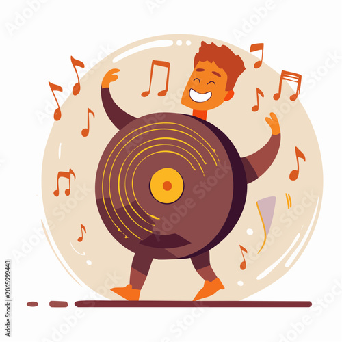 Happy man with a vinyl record body dancing to music notes.