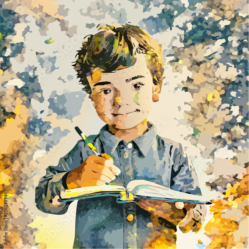 Young boy diligently writing in a notebook with a pen.