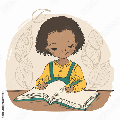 Young girl with curly hair diligently writing in an open book.