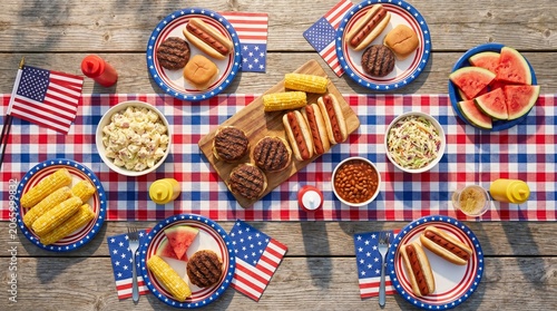 American 4th of july bbq picnic with burgers hotdogs corn on cob watermelon and coleslaw on wooden table