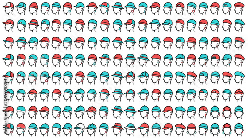 Collection of Hand-Drawn Baseball Caps and Hats on Heads