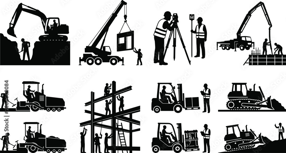 Obraz premium Construction Workers and Heavy Equipment Silhouette Set with Excavator Crane Forklift and Bulldozer