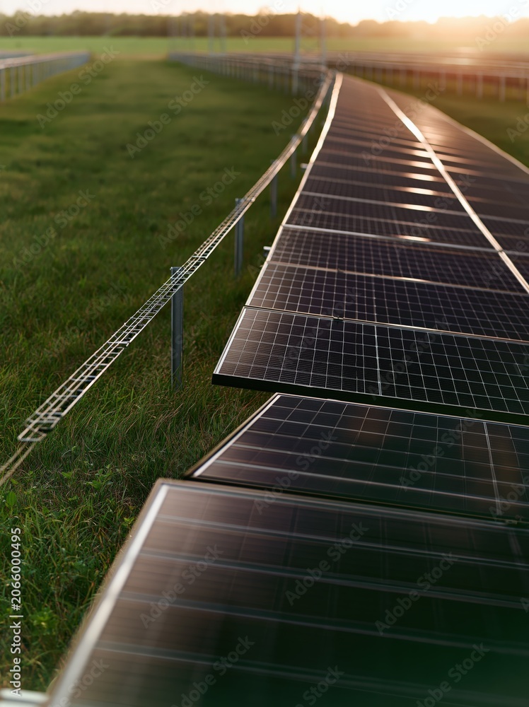 Fototapeta premium Renewable energy solar panels installed in a grassy field at sunset, capturing clean power