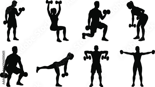 Tableau sur toile Fitness Exercise Silhouette Set with Dumbbell Workouts Strength Training and Gym