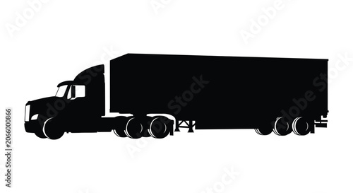 A black silhouette of a semi-truck with a trailer is shown against a white background.