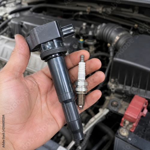 Hand Holding Car Ignition Coil and Spark Plug Over Engine