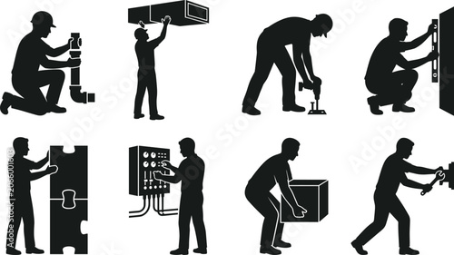 Photography Technician and Maintenance Worker Silhouette Set with Repair Installation and Se