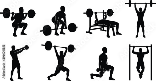 Photos Strength Training and Weightlifting Silhouette Set with Barbell Exercises Gym Fi