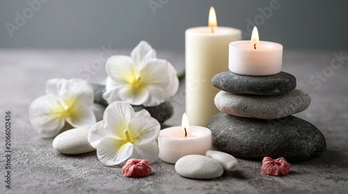 Serene Spa Still Life with White Candles, Stones, and Elegant Flowers on Gray Background