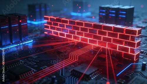 Cybersecurity firewall illustration with stacked neon-red blocks against dark circuit-board cityscape, blue light accents, faint bokeh glow, red conductive lines fanning to remote servers