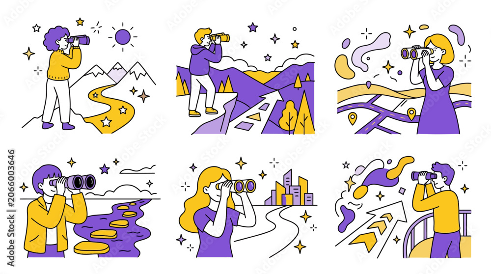 Fototapeta premium Visionary People Looking Through Binoculars at Mountains, Roads, Cityscapes, and Abstract Paths