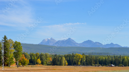 Foto Scenic landscape with vast mountain range, forest, and autumn meadow