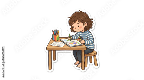 A cartoon illustration of a child sitting at a desk coloring in a book with pencils and crayons