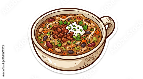 A bowl of chili with beans and meat in a brown ceramic bowl