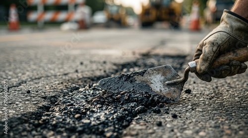 Close-up of worker repairing asphalt road with trowel