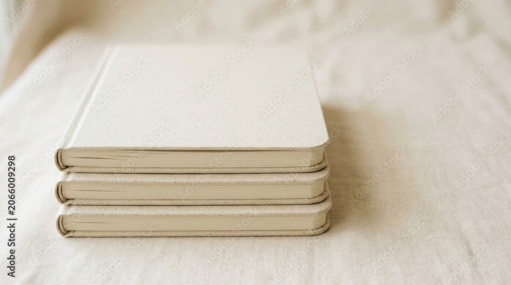 Fototapeta premium Stack of Blank White Notebooks on Fabric Surface.