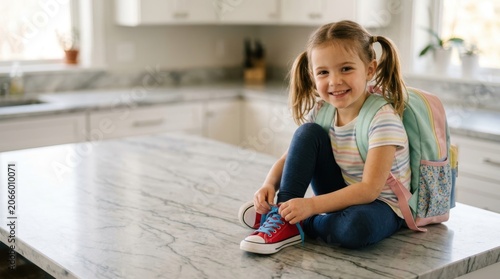 Young girl sitting on kitchen counter tying shoelaces.