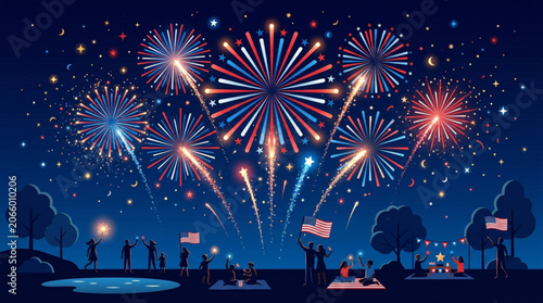Fireworks display, patriotic celebration, night sky, colorful explosion, festive vector graphics