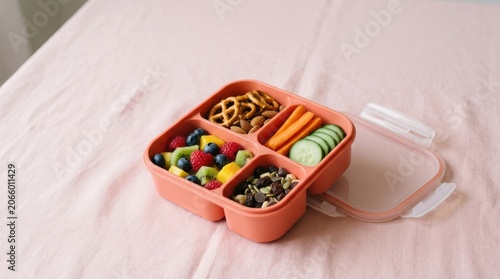 Healthy Kids Lunch Box With Fruits Vegetables And Snacks.